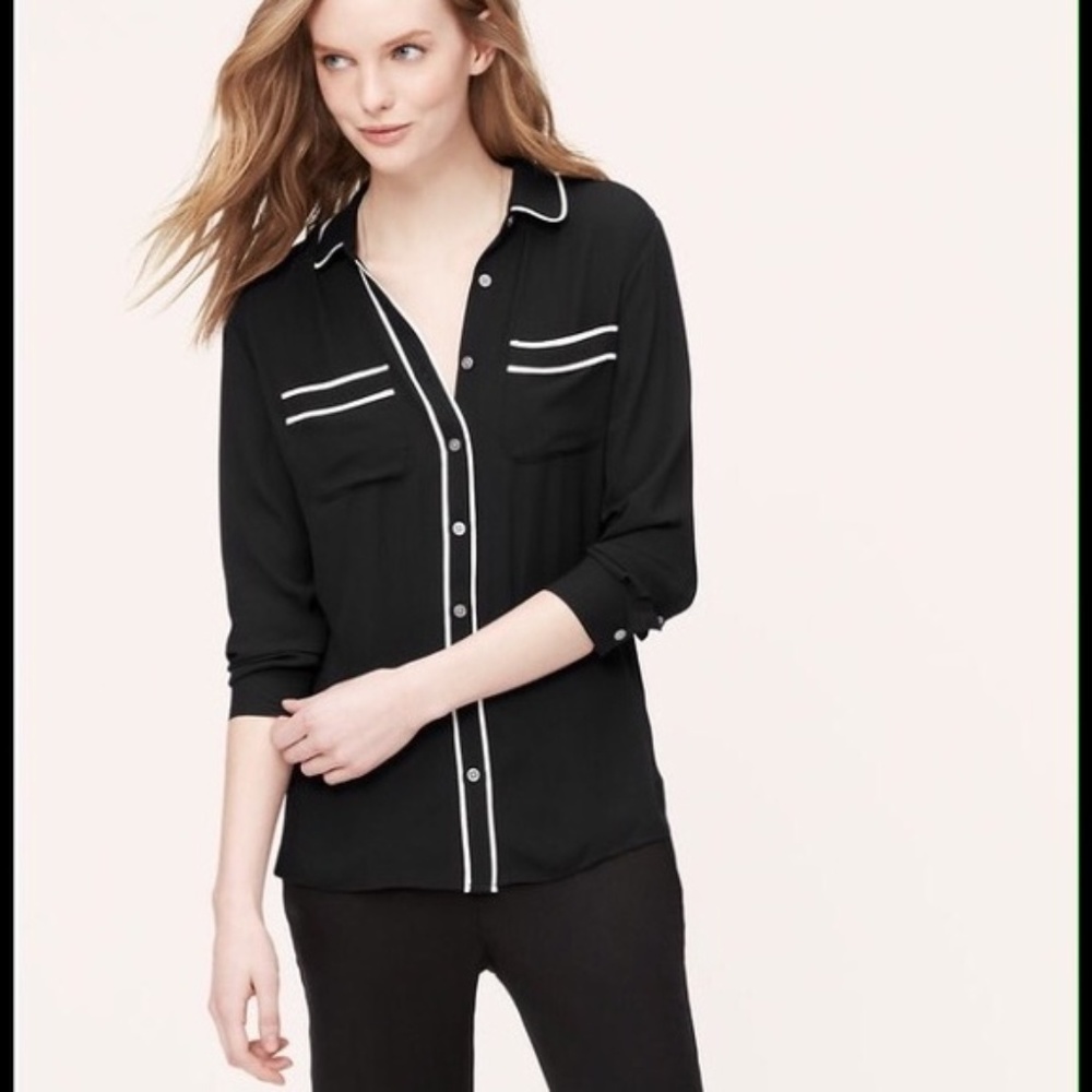 LOFT Piped Utility Blouse in Black